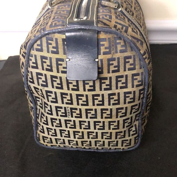 FENDI Zucca Boston Navy Blue Leather Grey Canvas Tote Carry-On Bag Speedy 30 EUC - Picture 12 of 17